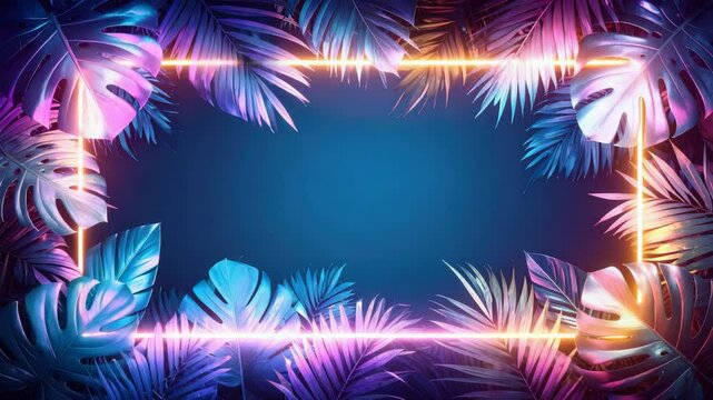 Vibrant neon frame illuminating tropical leaves on dark blue background.