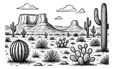 Desert Landscape with Cacti, Mountains, and Clouds in Black and White Engraving Style