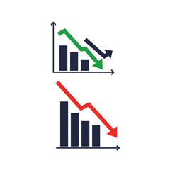 Red arrow going down stock icon on white background. Decrease, Bankruptcy, financial market crash icon for your web site design, logo, app, UI. graph chart downtrend symbol. chart going down sign.
