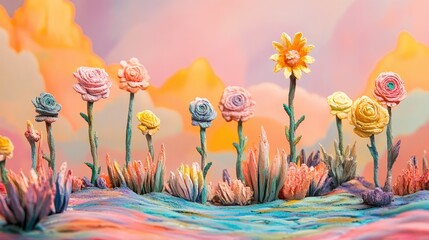 Whimsical Pastel Landscape with Miniature Flower Sculptures, Generative ai