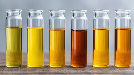 Six glass vials containing liquids of varying colors ranging from yellow to brown.
