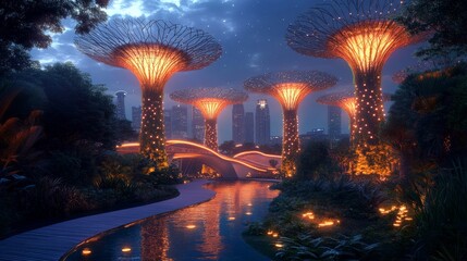 Serene Singapore cityscape at twilight vibrant lights reflecting on water