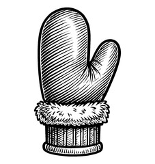 Winter mitten in black and white detailed engraved line art drawing style