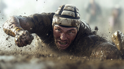 Naklejka premium Hyper-realistic 3D render of a rugby player diving across the try line, mud and sweat flying