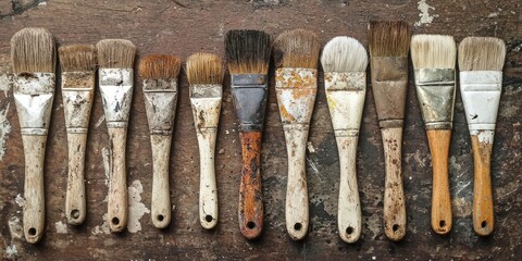 Old brushes with dried paint textures