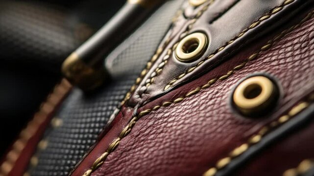 Close-up of detailed leather shoe construction.  Stitching and metal eyelets