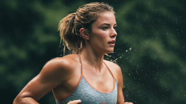 An athletic woman runs in the rain, showcasing her fitness and determined expression outdoors.