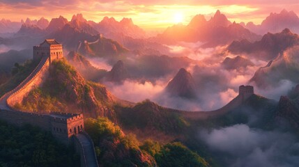 Serene sunset view of Great Wall, majestic and awe inspiring