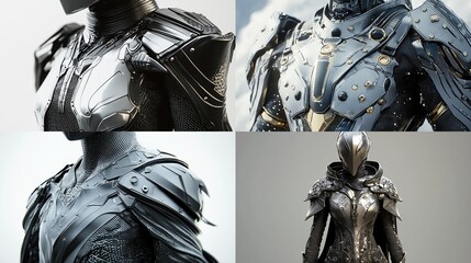 Quadruple close-up showcasing detailed renders of four distinct fantasy armor sets; metallic, sleek, and intricately designed, each with unique stylistic 