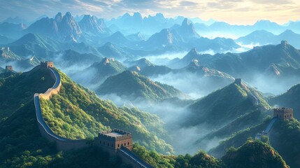 Serene sunset view of Great Wall, majestic and awe inspiring
