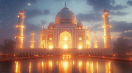 A Serene moonlight illuminates Taj Mahal breathtaking 3D rendering
