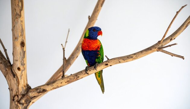 A macro photo of a beautiful colorful parrot perched on a branch, with a white background.