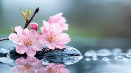 A stunning display of fragile pink cherry blossoms resting on sleek black pebbles, enhanced by droplets of water, symbolizing beauty and tranquility in nature.
