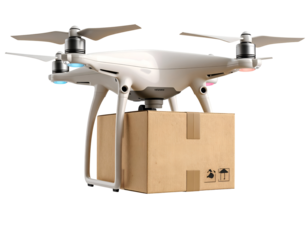 Drone delivering package from above with modern technology. Isolated transparent background