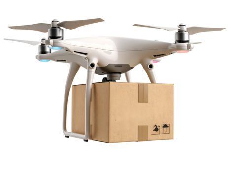 Drone delivering package from above with modern technology. Isolated transparent background