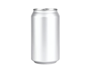 Plain aluminum can with no label or branding. Isolated transparent background