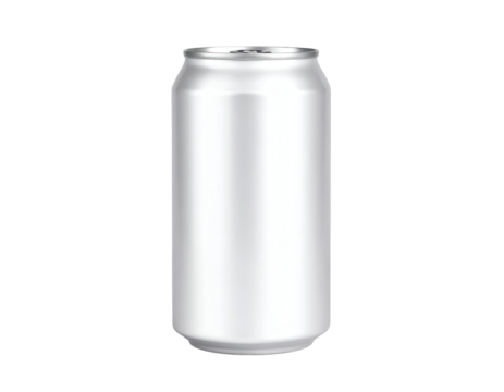 Plain aluminum can with no label or branding. Isolated transparent background