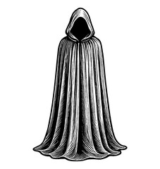 Naklejka premium Cloaked Figure in Dark Hood and Robe, Engraved Style Mysterious Enigmatic Dark Silhouette