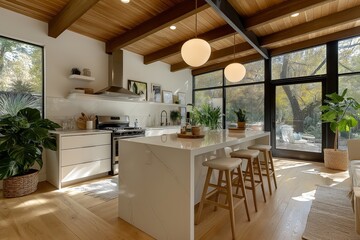 Mid century kitchen design featuring sleek cabinets, wooden beams, center island. Concept of mid century kitchen design emphasizes modern decor, ideas for timeless style.