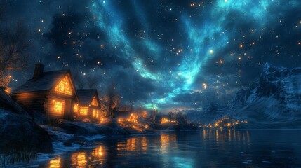 Serene Icelandic cottages bathed in ethereal glow of Aurora Borealis breathtaking winter night scene