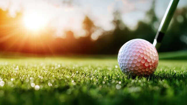 A golf ball poised on the green, illuminated by a breathtaking sunset, evoking feelings of focus, determination, and the joy of sports amidst a beautiful natural setting.