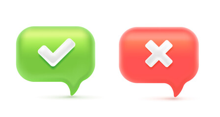 Obraz premium Vector illustration of realistic red and green color text speech bubble with check mark and cross. 3d cartoon style design of agree and refuse speech bubble. Social media symbol of communication icon