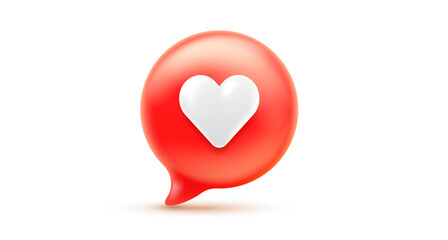 Vector illustration of realistic red color speech bubble with heart on white background. Social media symbol of speech bubble with love heart. 3d cartoon style design of like communication icon