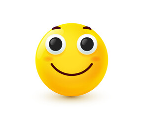 Vector illustration of yellow smile emoji. 3d cartoon style design of positive emoticon. Happy emotion face with smile. Funny smiley character icon. Happy mood and facial expression for social media