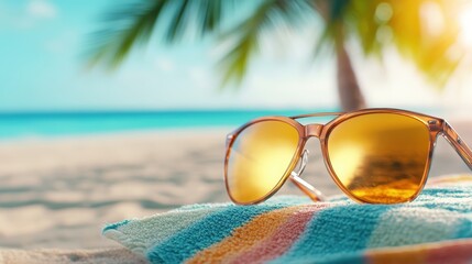 A pair of fashionable sunglasses rests on a colorful beach towel, capturing the essence of a sunny day by the sea, surrounded by tranquility and relaxation that summer brings.