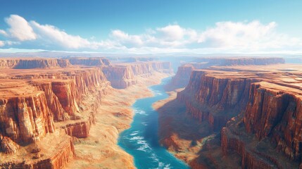 Awe inspiring 3D render of Grand Canyon majestic layered rocks and winding river. serene and powerful landscape