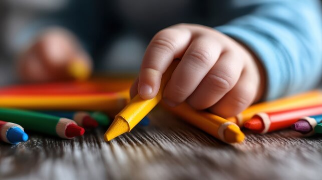 A child's hand reaches for colorful crayons scattered on a wooden surface, inviting creativity and playfulness, symbolizing the joy of artistic expression in childhood.