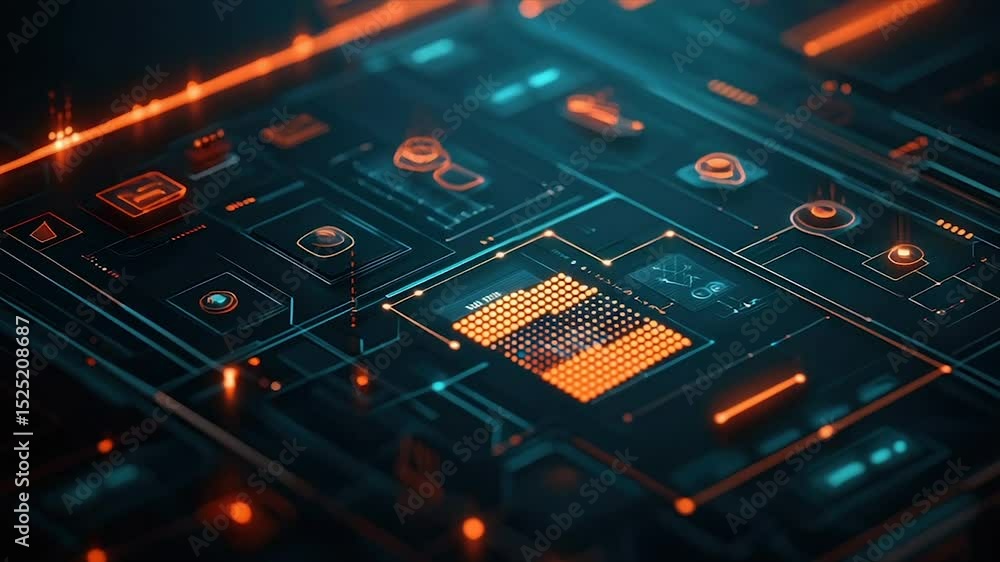 Aufkleber advanced circuit board with glowing orange and blue elements. detailed intricate network of intercon