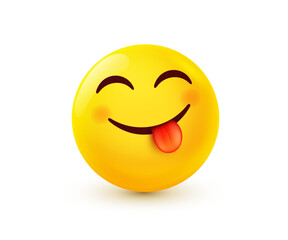Vector illustration of yellow smile emoji. Happy emotion face with smile and tongue. 3d cartoon style design of positive emoticon. Funny smiley character icon. Happy mood and facial expression
