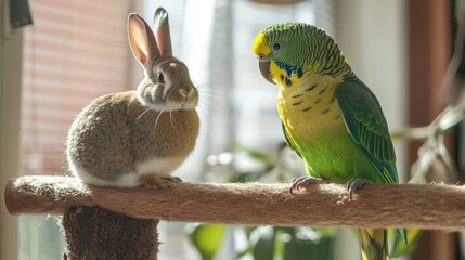 Parrot and rabbit sitting on a pet tree together