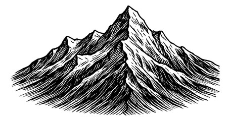 Detailed Engraved Illustration of a Mountain Range with Sharp Peaks and Textured Slopes in Black and White