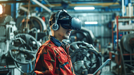 A man wearing virtual reality goggles and headphones operates a tablet in an industrial factory setting.
