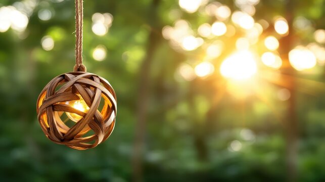 An exquisite woven orb hanging serenely against a lush green backdrop, illuminated by golden sunbeams, representing creativity and the beauty of craftsmanship in nature.