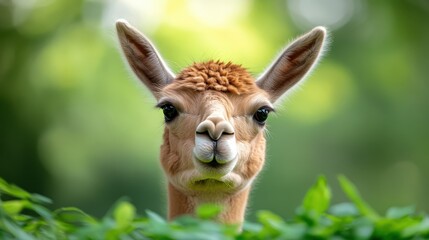 A close-up view of a playful giraffe's head with curious eyes, peeking through lush green foliage, highlighting its unique features and charm in a natural setting.
