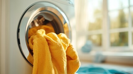 A vibrant yellow towel being pushed into a washing machine, symbolizing cleanliness and freshness, set against a bright, sunlit laundry room atmosphere.