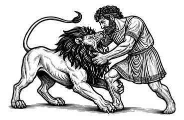 Fototapeta premium Greek Man Wrestles with Lion in Engraving Black and White Illustration Style