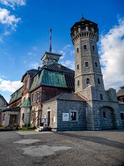 old touristic shelter on top of klinovec mountain czechia