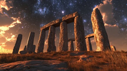 Awe inspiring Stonehenge under vibrant night sky, stars ablaze ethereal glow