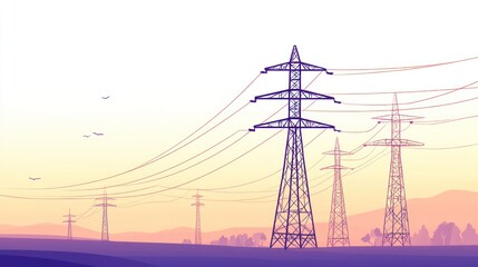 A stylized illustration of electricity pylons stretching across a landscape at dawn or dusk, with a hazy, pastel color palette