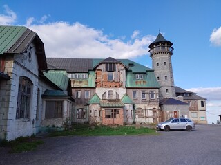 old touristic shelter on top of klinovec mountain czechia