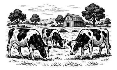 Engraving illustration of three cows grazing in a meadow with barn and trees