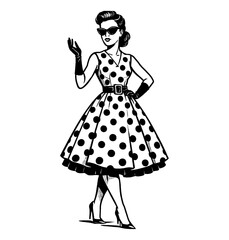 Elegant Pinup Woman in Polka Dot Dress and Sunglasses with Retro Style Isolated