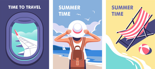 Concept of summer party, vacation and travel. Perfect backgrounds on the theme of season vacation, weekend on beach. Vector illustrations in minimalistic style for posters, cover art, flyer