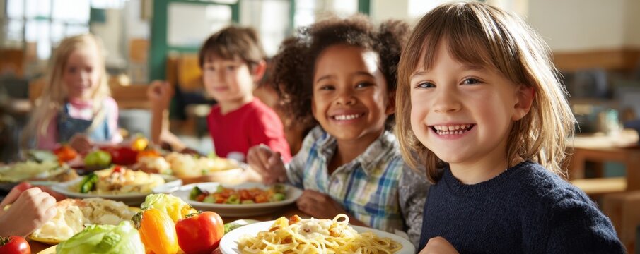 Children eating lunch in school cafeteria together