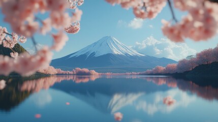 Serene Mount Fuji reflected in Lake Kawaguchi, framed by blossoming cherry trees peaceful scene