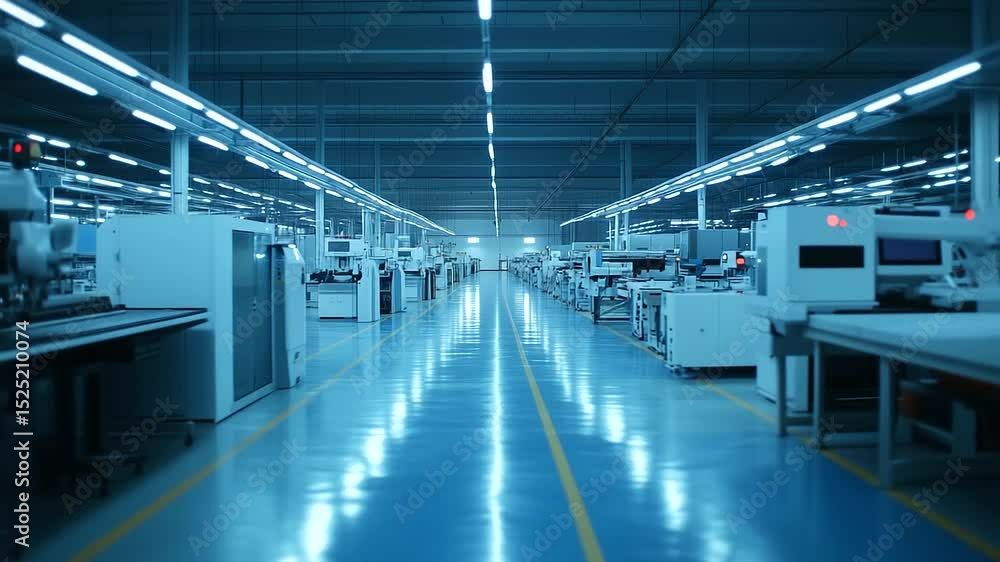 Poster industrial interior of a factory with automated machines working seamlessly, cnc systems and robotic
